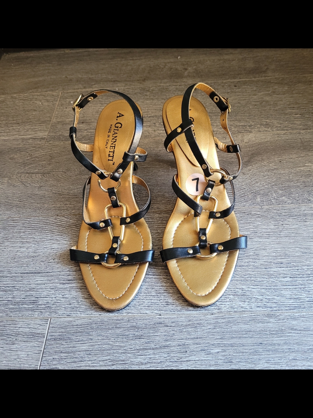 A. Giannetti Black & Gold Strappy Leather Sandals